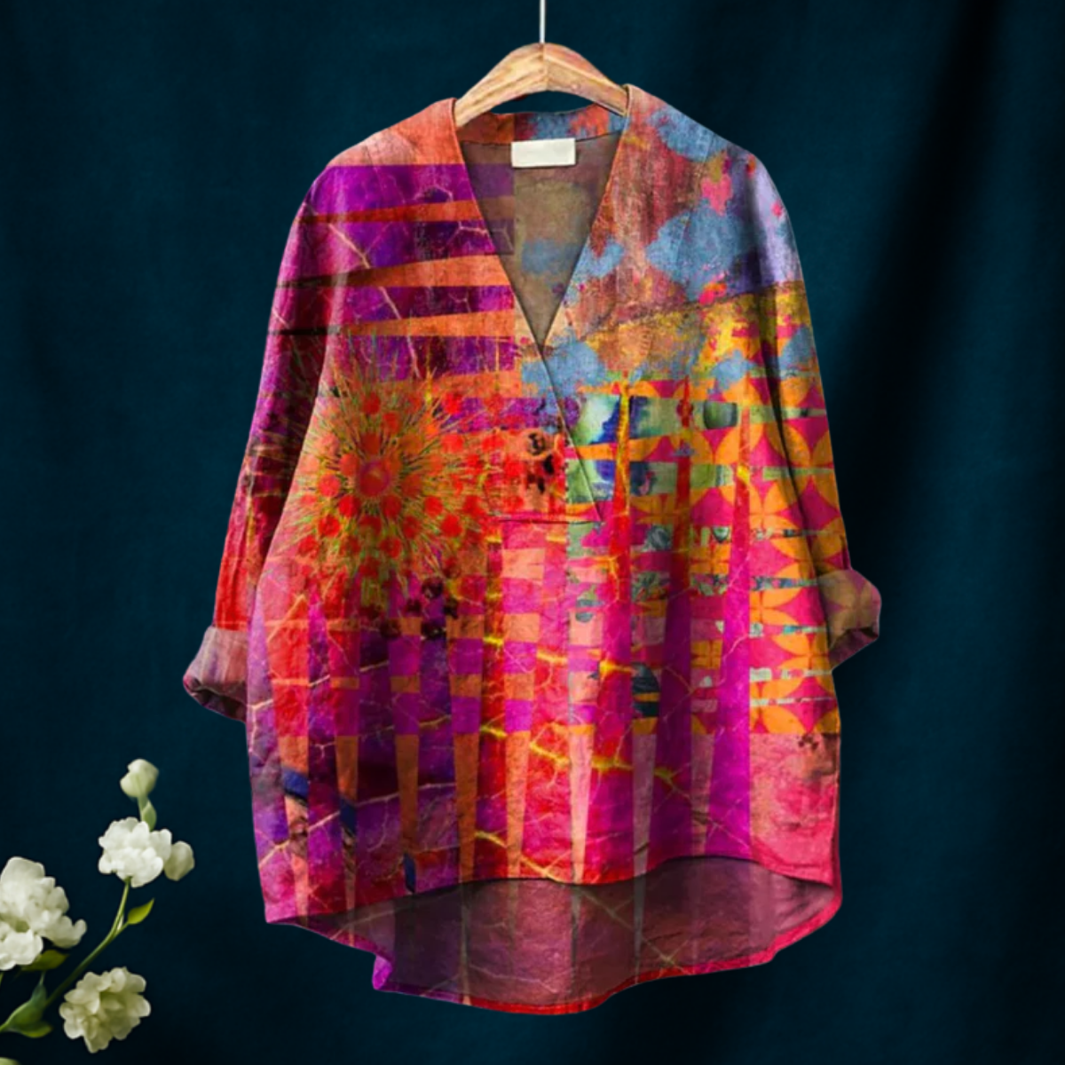 Geometric Pattern Printed V-neck Shirt